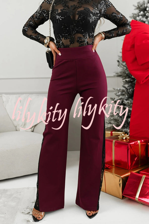 Joelie High Rise Elastic Waistband Side Lace Patchwork Flare Pants