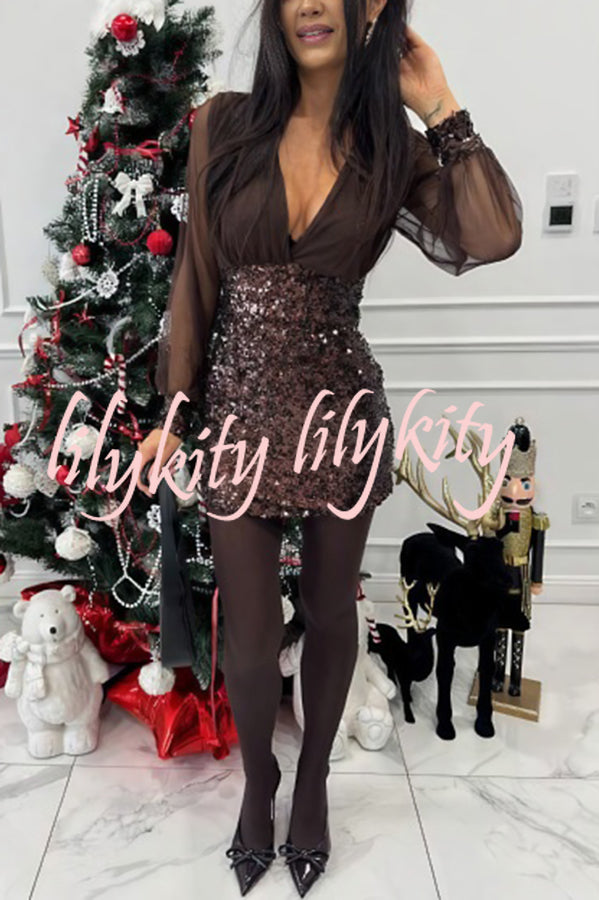 Whisper and Wine Sheer Tulle Sequin Patchwork V-neck Long Sleeve Mini Dress