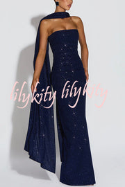 Pandra Glittery Crepe Fabric Off Shoulder Ruched Slit Cape Maxi Dress