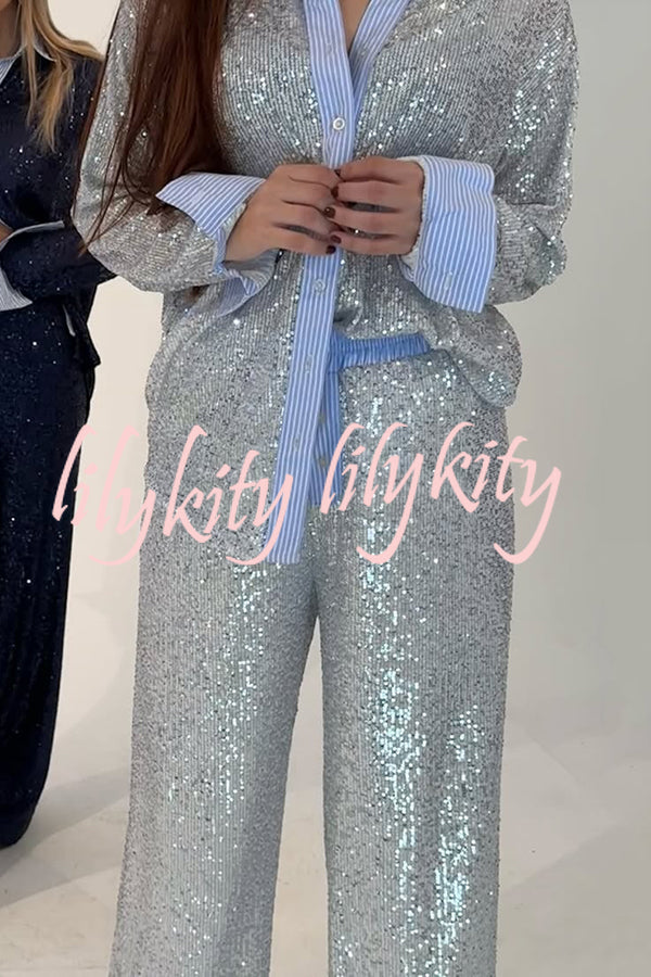 Fashion Sequined Loose Long-sleeved Shirt and Casual Elastic Waist Wide-leg Pants Set