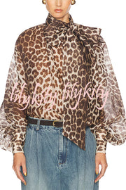 Arianne Chiffon Leopard Print Bow Neck Long Balloon Sleeve Loose Blouse
