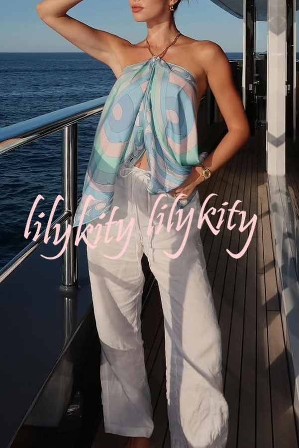 Artistic Girl Satin Unique Print Metal Chain Halter Draped Scarf Tank