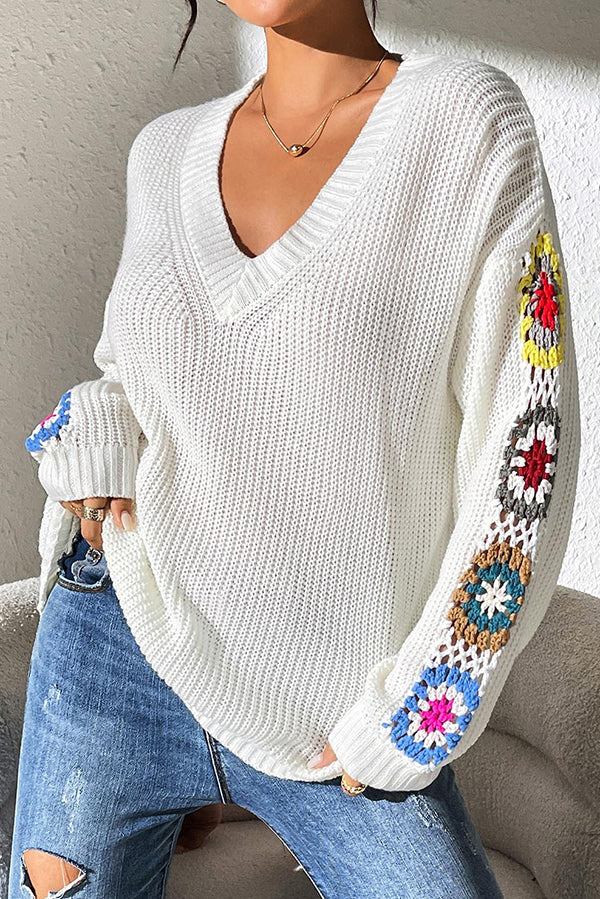 Fashion Hook Flower Long Sleeve V-Neck Loose Knitted Sweater