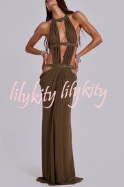 Khaki Hot-fix Rhinestone Shoulder Strap Cutout Design Backless Drape Maxi Dress