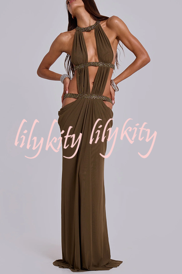 Khaki Hot-fix Rhinestone Shoulder Strap Cutout Design Backless Drape Maxi Dress