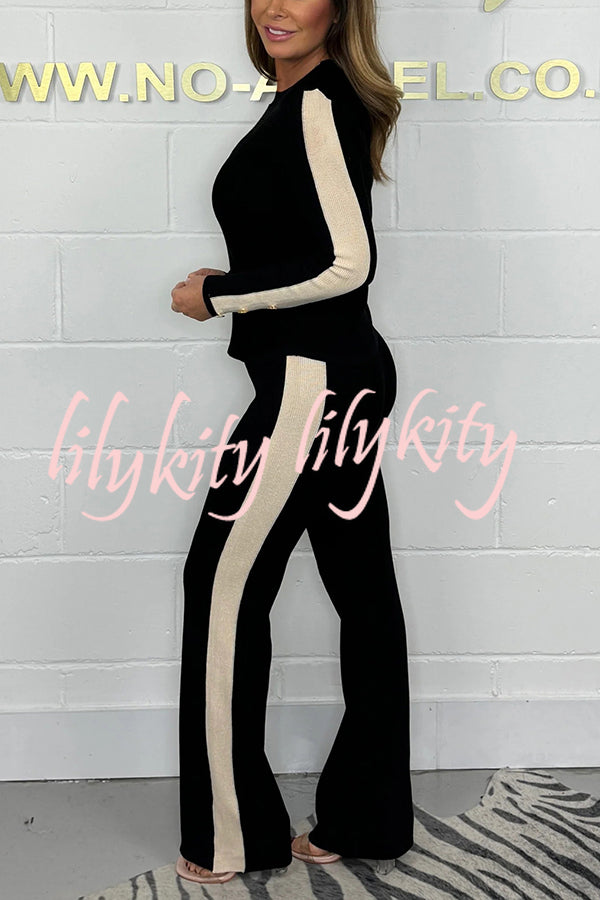 Fashionable Color Block Gold Button Long Sleeve Top and Elastic Waist Loose Pants Set