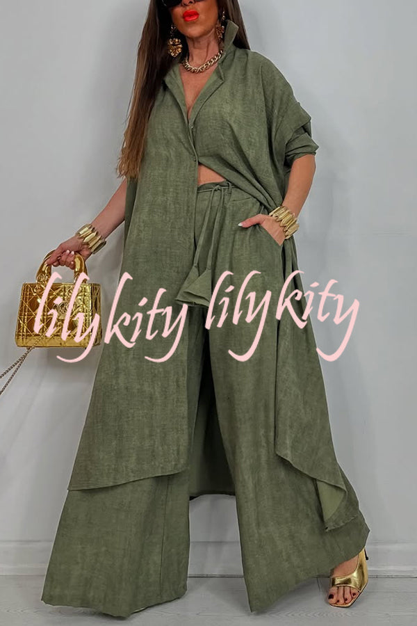 Solid Color Casual Loose Long Shirt and Elastic Waist Pocket Wide Leg Pants Set