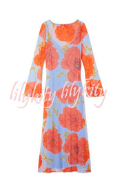Perfect Cross-season Mesh Poppy Flower Print Long Sleeve Stretch Maxi Dress