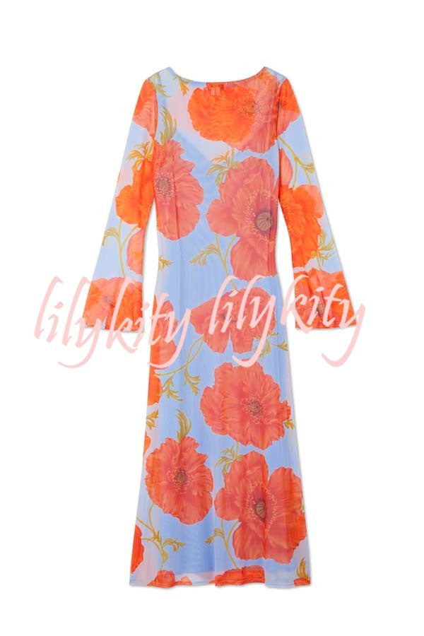 Perfect Cross-season Mesh Poppy Flower Print Long Sleeve Stretch Maxi Dress