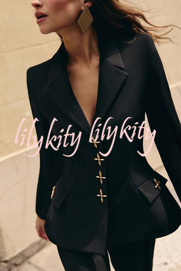 Women Power Metal Cross Snap Button Long Sleeve Lapel Blazer