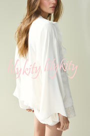 Fashionable Round Neck Tie Hollow Stitching Casual Shirt