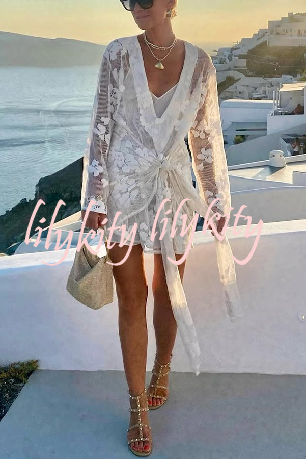 Beach Elegance Floral Lace Long Sleeve Wrap Tie-up Vacation Mini Dress