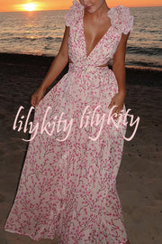 Lost in The Melody Chiffon Printed Flutter Sleeve Cutout Back Lace-up Maxi Dress