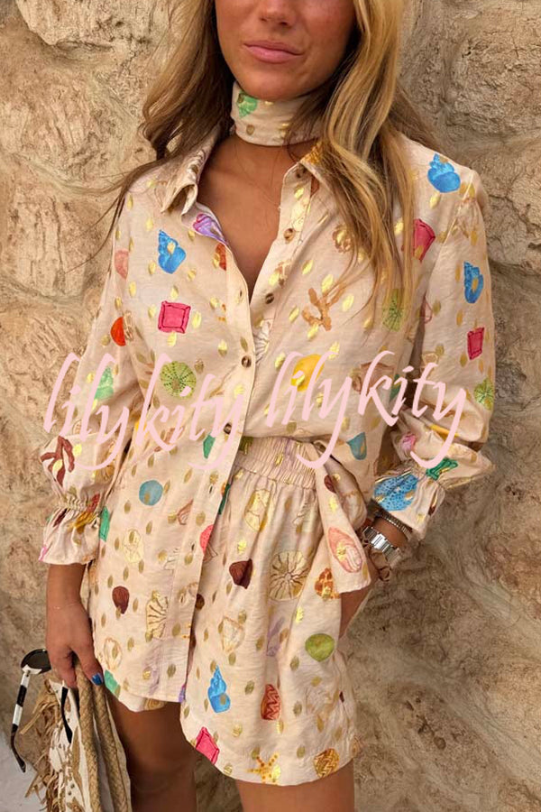Fashionable Gold Stamping Unique Printing Lapel Long Sleeve Shirt and Elastic Waist Casual Pocket Shorts Set