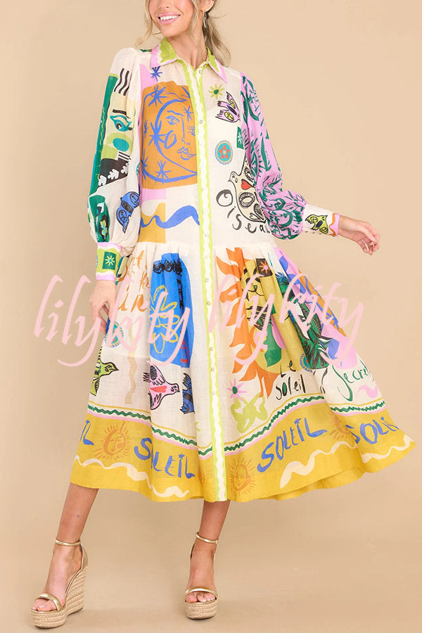 Boldness and Art Unique Print Balloon Sleeve Patchwork Shirt Midi Dress