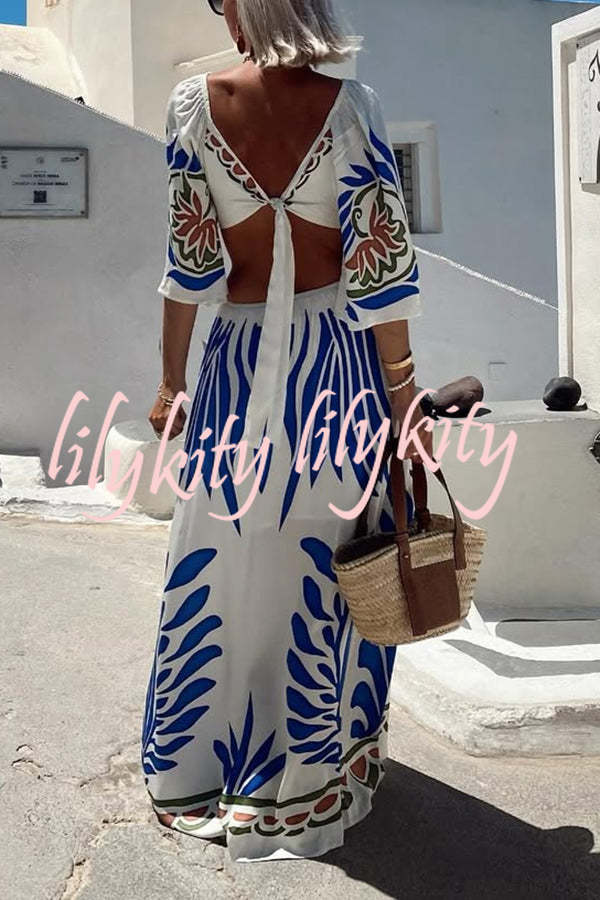 Linen Blend Unique Printed V-Neck Hollow Backless Lace-Up Holiday Maxi Dress