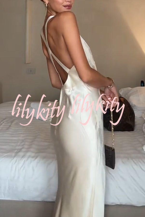Modern Day Glam Satin Lace Trim V-neck Cross Back Maxi Dress