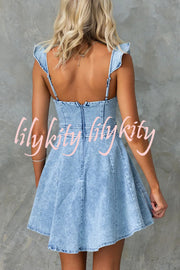 Sweet Secret Denim Square Neck Ruffle Sleeve Stretch Mini Dress