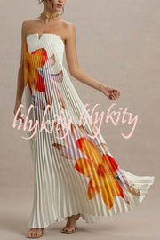 For Every Occasion Satin Pleated Floral Print V-wire Bandeau Neck Maxi Dress