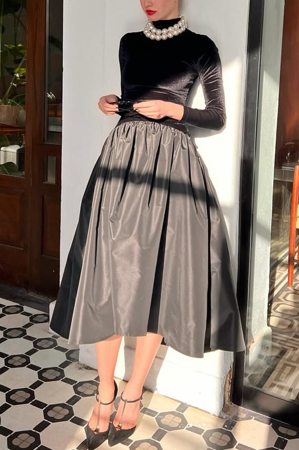 Solid Color Velvet Patchwork High Neck Long Sleeve Maxi Dress