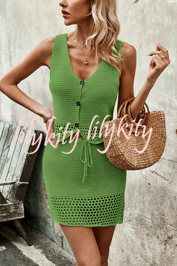 Knitted Vest V-neck Top and Lace-up Hollow Skirt Set