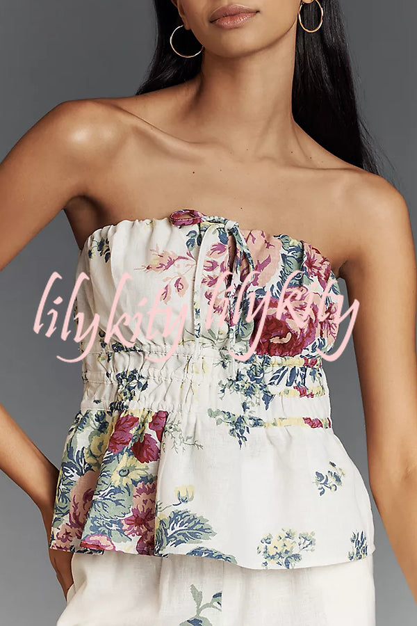 In To The Summer Linen Blend Floral Print Elastic Bandeau and Elastic Waist Pocket Loose Pants Set