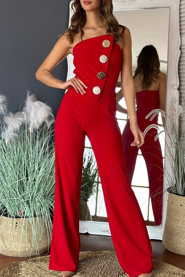 Solid Color Sexy Tube Top Gold Button Embellished Bootcut Jumpsuit