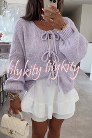 Solid Color Long-sleeved V-neck Lace-up Loose Knitted Sweater