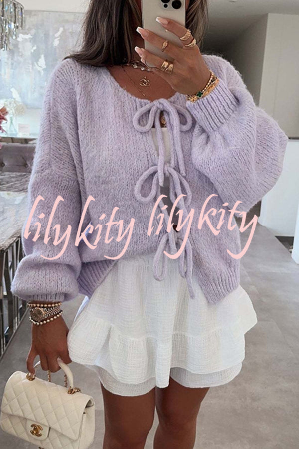 Solid Color Long-sleeved V-neck Lace-up Loose Knitted Sweater