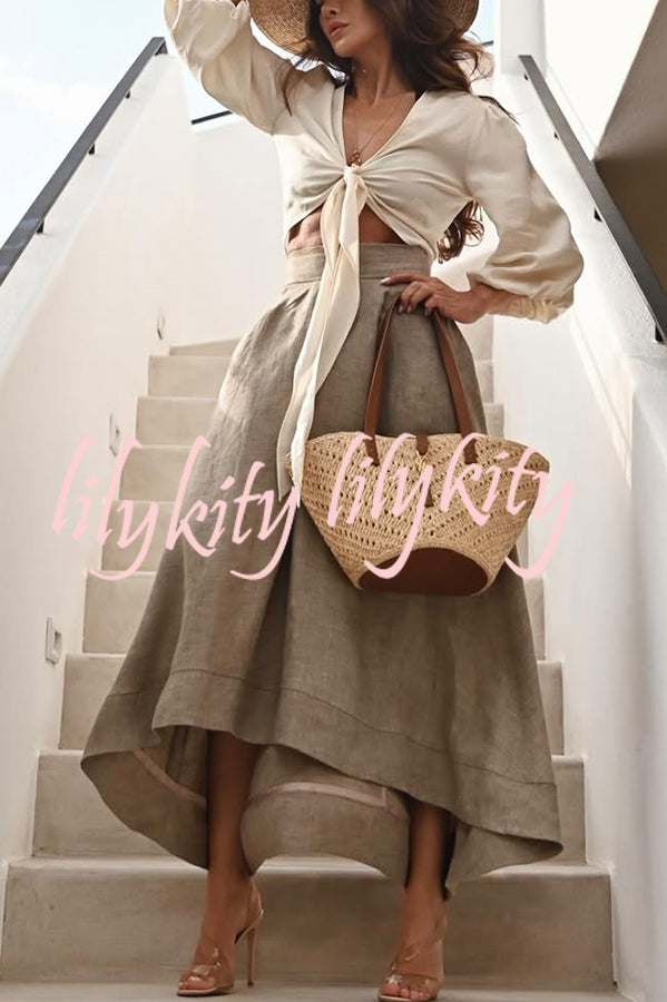 Lets Go Out Linen Blend Balloon Sleeve Wrap Tie-up Loose Top