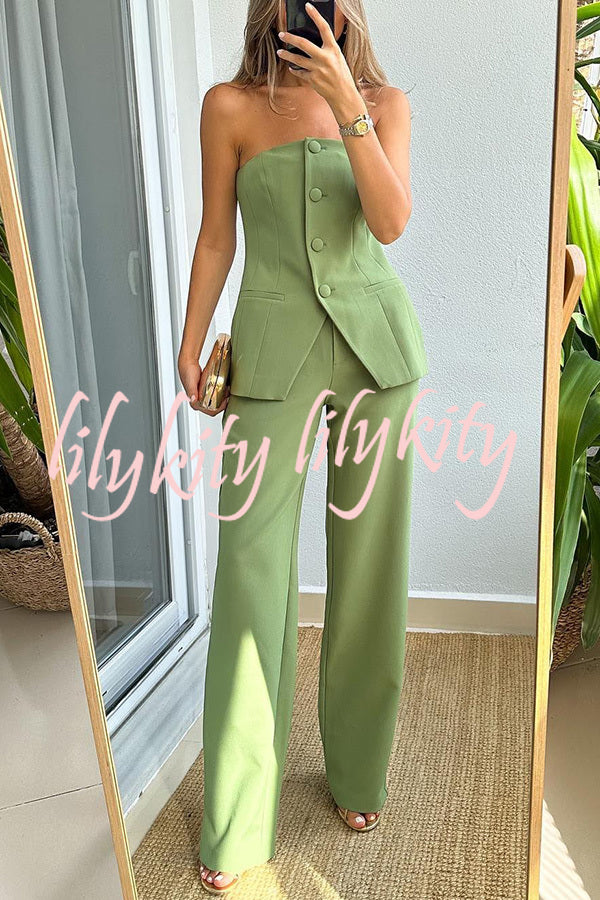 Extra Dose of Confidence Off Shoulder Button Top and Straight Pants Set