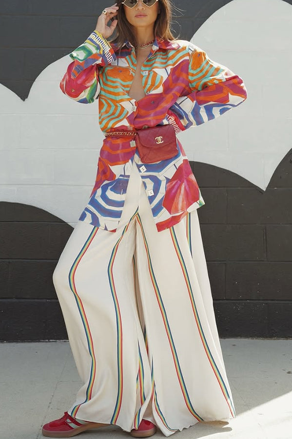 Ellah Satin Rainbow Stripe Print Drawstring Elastic Waist Pocket Wide Leg Pants
