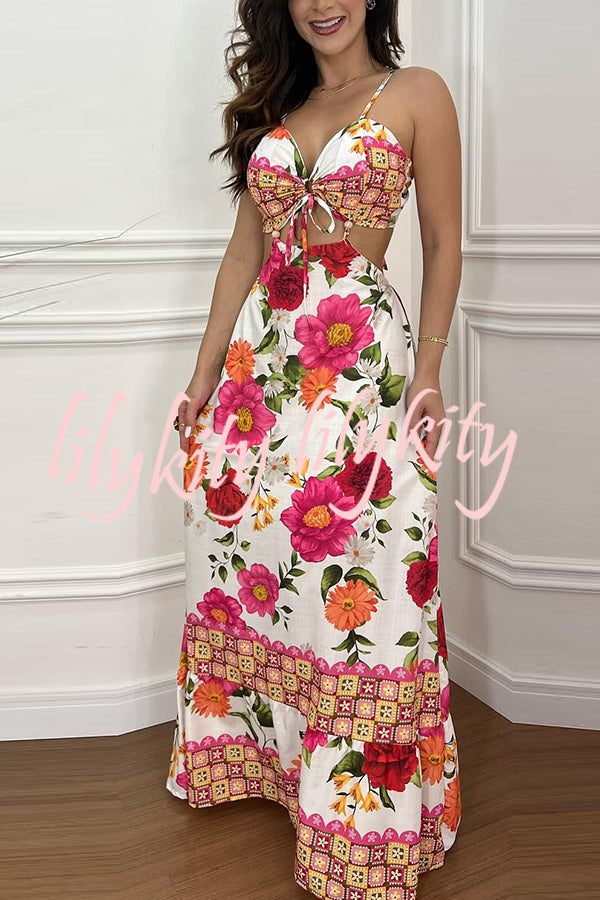 Mexico Style Tropical Print Ring Cutout Lace-up Vacation Maxi Dress