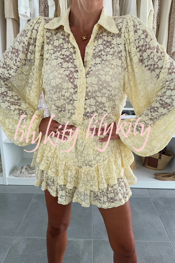 Nicola Lace Long Balloon Sleeve Blouse and Elastic Waist Layered Skort Set