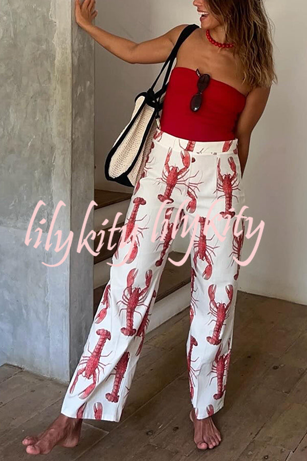 Fun Vacation Lobster Print High Rise Straight Pants