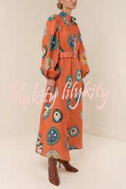 Linen Blend Unique Print Belted Single-breasted Casual Maxi Dress