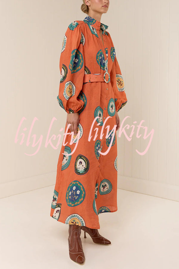Linen Blend Unique Print Belted Single-breasted Casual Maxi Dress