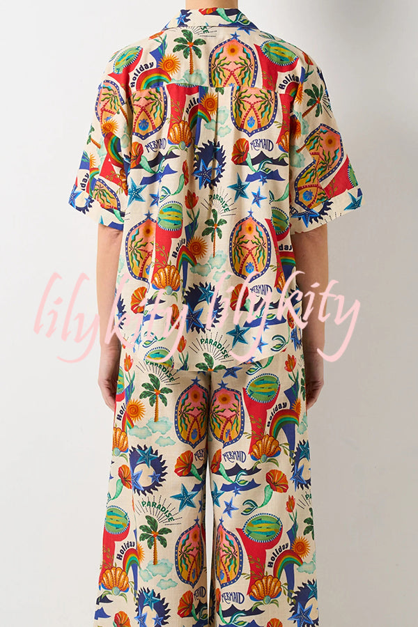 Linen Blend Unique Print Loose Short Sleeve Shirt and Elastic Waist Tie Pocket Pants Set