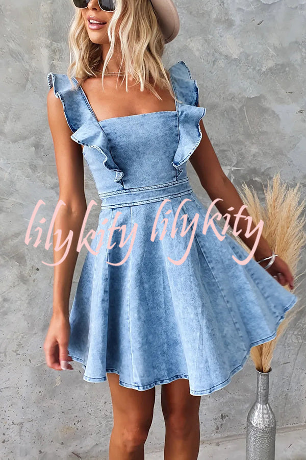 Sweet Secret Denim Square Neck Ruffle Sleeve Stretch Mini Dress