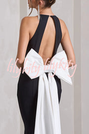 Statement Chic Racer Neck Back Oversized Bow Hem Backless Maxi Dress