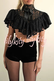 Avina Lace Bow Detail High Neck Cascading Ruffles Cropped Cape Top