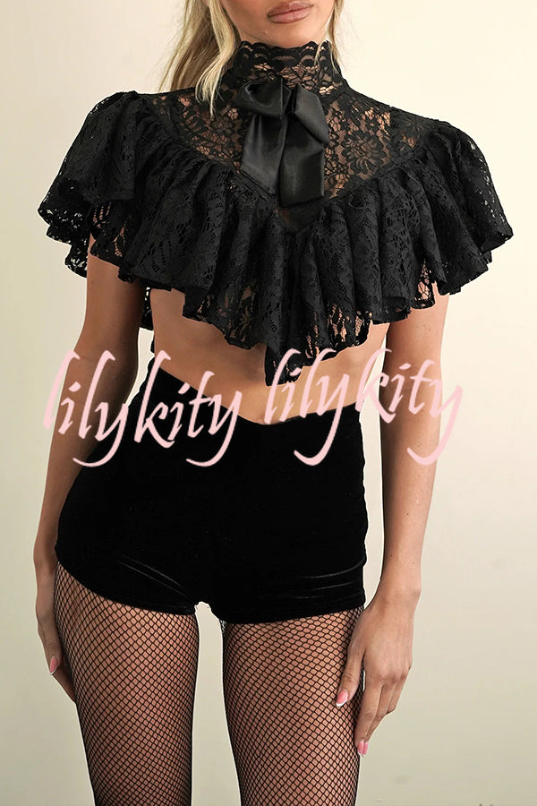 Avina Lace Bow Detail High Neck Cascading Ruffles Cropped Cape Top