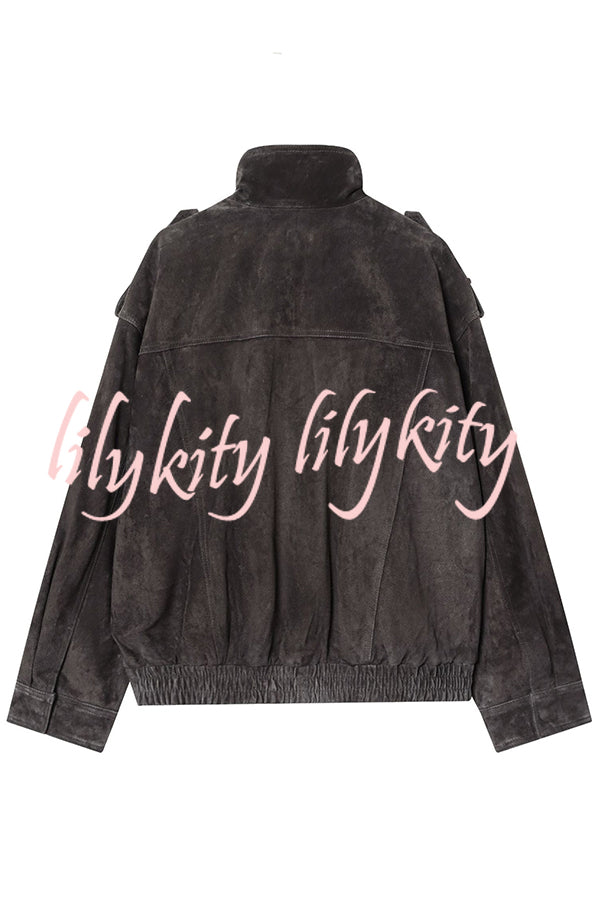 Fashionable Suede Loose Pocket Leather Jacket