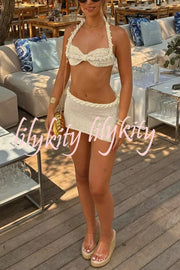 Sexy Halterneck Pearl-embellished Lace-up Tank and Fitted Knit Mini Skirt Set