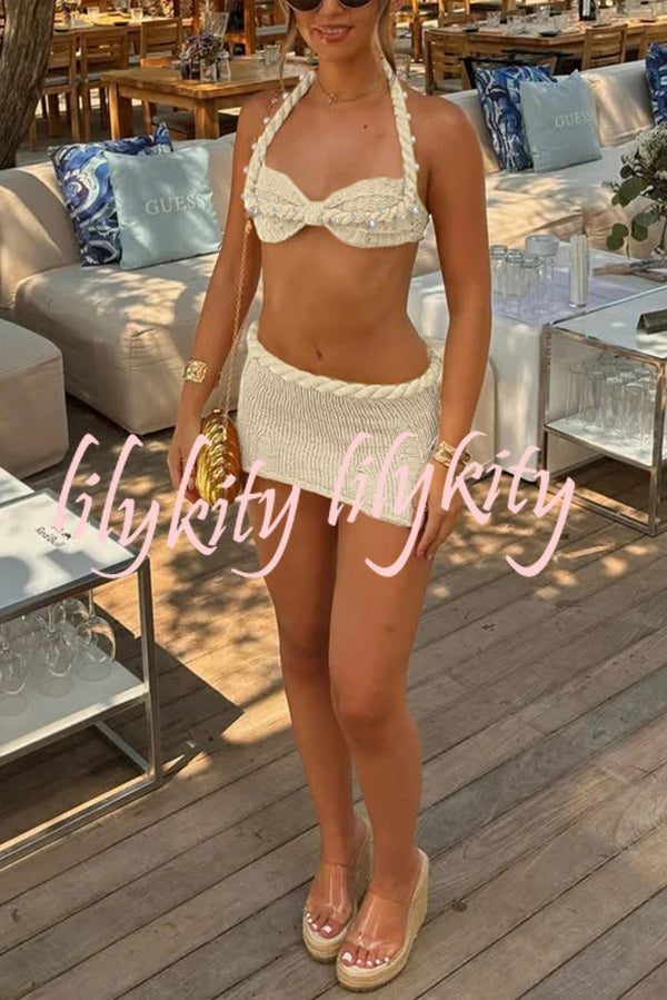 Sexy Halterneck Pearl-embellished Lace-up Tank and Fitted Knit Mini Skirt Set