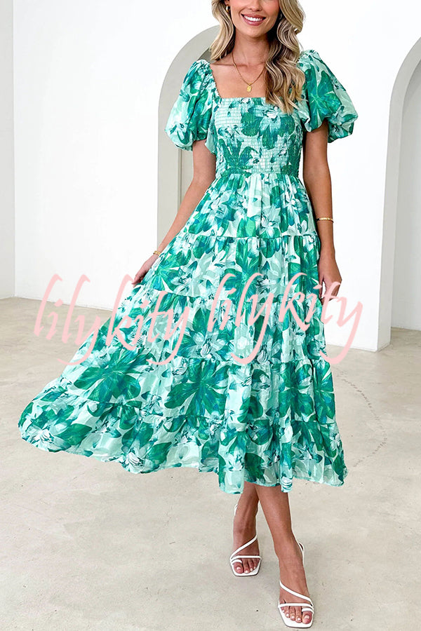 Petal Princess Unique Print Smocked Waist Puff Sleeve Midi Dress