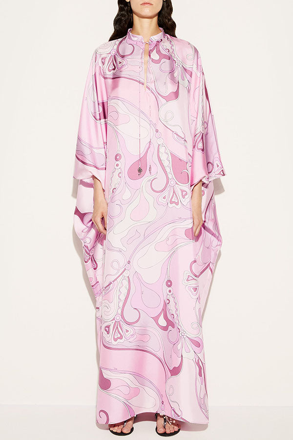 Gayle Satin Unique Print Stand Tie-up Neck Loose Kaftan Maxi Dress