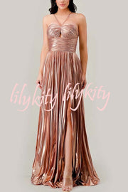 Make A Toast Metallic Fabric Cross Neck Cutout Slit Pleated Maxi Dress