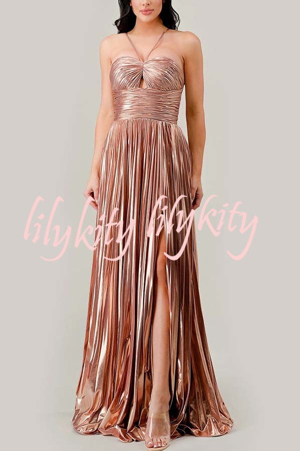 Make A Toast Metallic Fabric Cross Neck Cutout Slit Pleated Maxi Dress