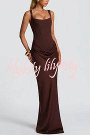 Larrah Square Neck Back Lace-up Satin Drape Hem Maxi Dress